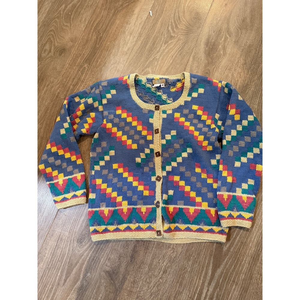 THE TERRITORY AHEAD Women BLUE Hand KNIT Cotton CARDIGAN Sweater VINTAGE 90s M
